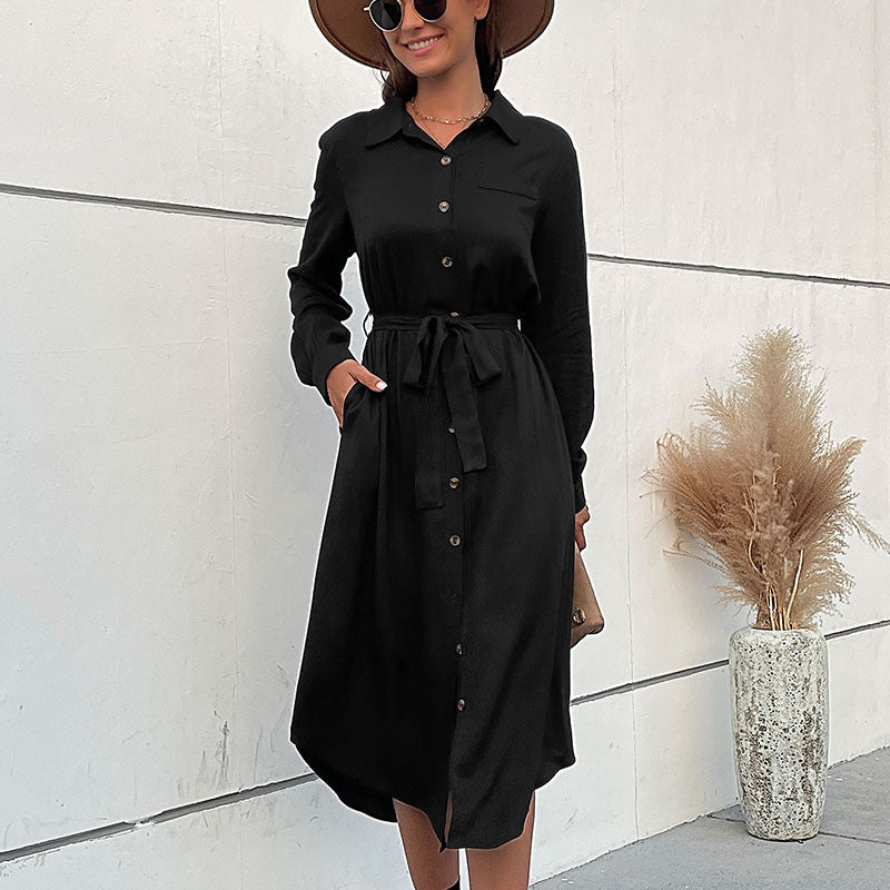 Damen Midikleid im Hemdblusenstil mit durchgehender Knopfleiste, Taillenbindegürtel und langen Ärmeln Shop Nory
