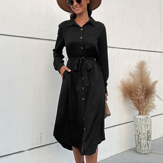 Damen Midikleid im Hemdblusenstil mit durchgehender Knopfleiste, Taillenbindegürtel und langen Ärmeln Shop Nory