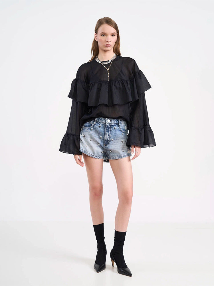Damen Transparente Volantbluse mit doppelter Rüsche und Glockenärmeln Shop Nory