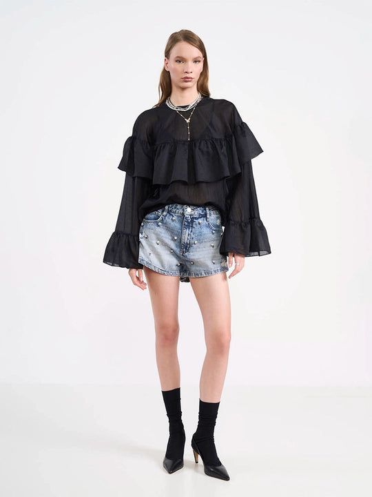 Damen Transparente Volantbluse mit doppelter Rüsche und Glockenärmeln Shop Nory