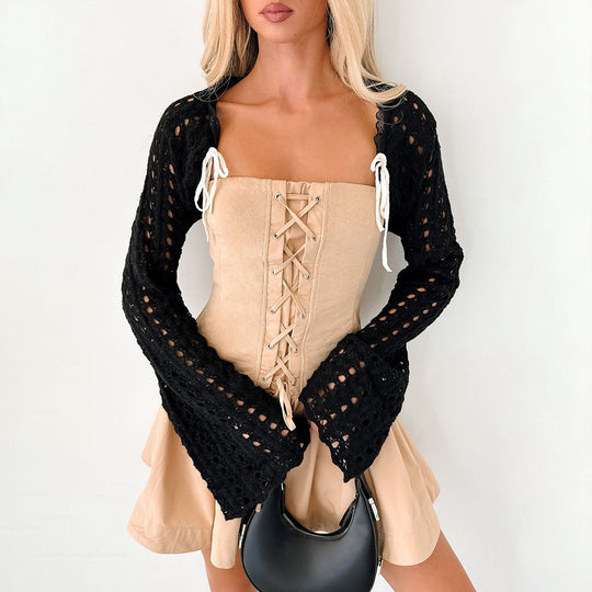 Damen Kurzer Häkel-Bolero mit Ajourmuster, BindShop Noryand und Trompetärmeln Shop Nory