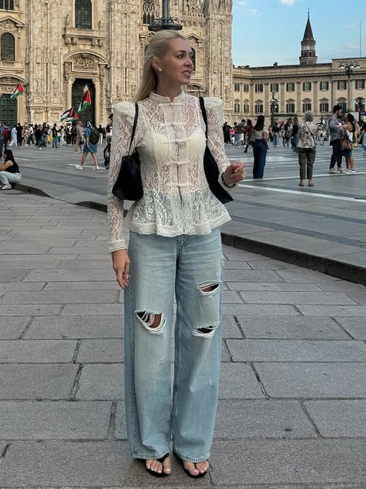Damen Romantische Spitzenbluse im viktorianischen Stil mit Stehkragen, Knotenverschlüssen und Puffärmeln Shop Nory