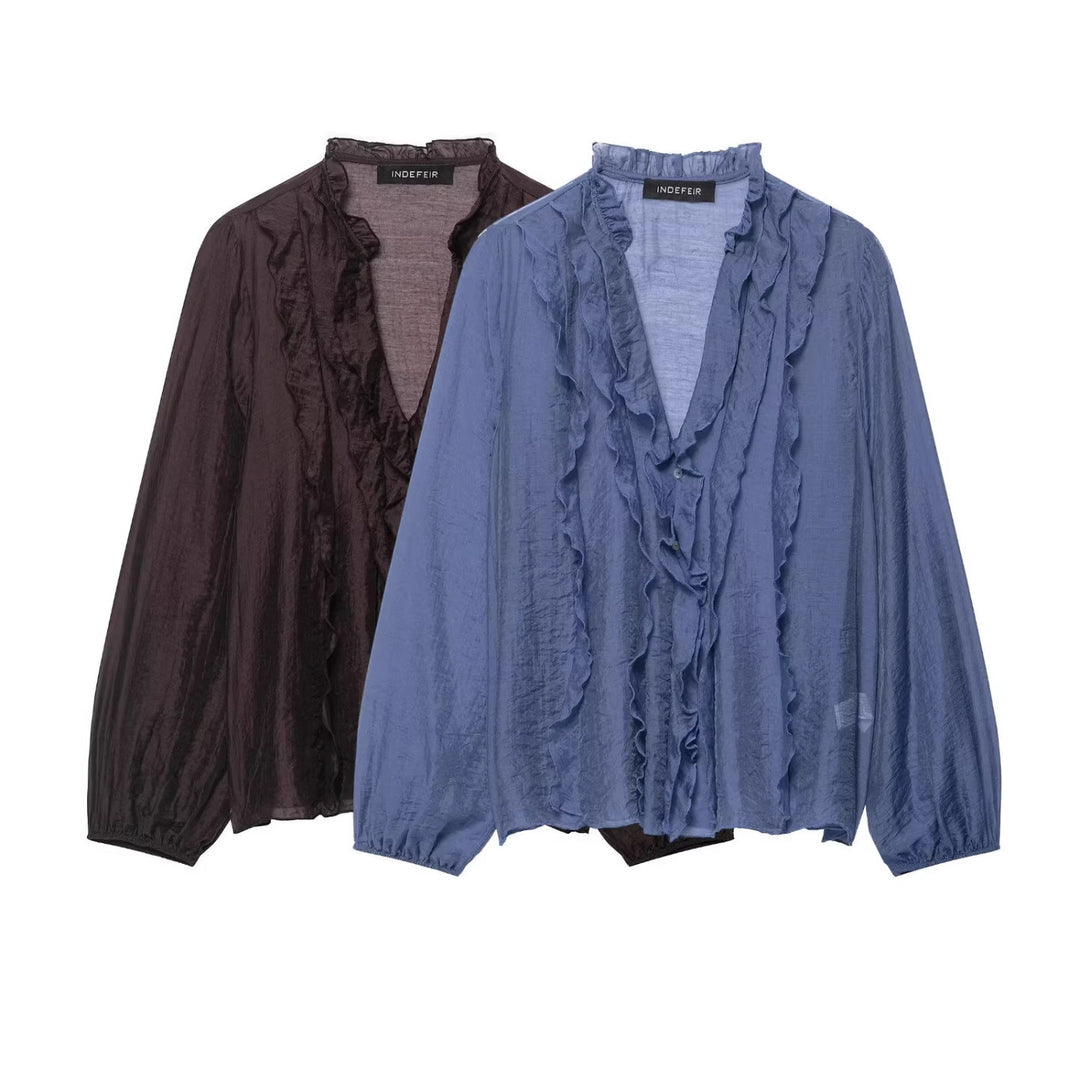 Damen Transparente Crinkle-Bluse mit Volantkragen, Rüschenfront und Ballonärmeln Shop Nory