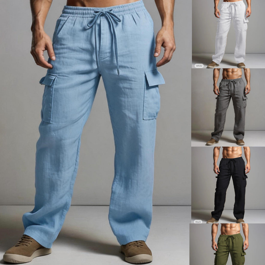 Herren leichte Leinen Cargohose mit elastischem Bund und großen Seitentaschen Shop Nory