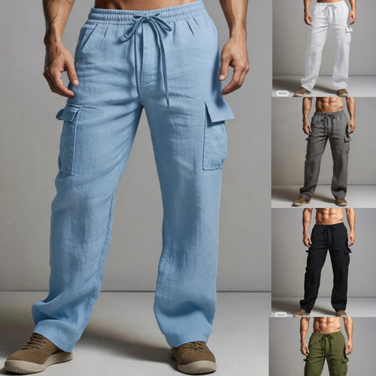 Herren leichte Leinen Cargohose mit elastischem Bund und großen Seitentaschen Shop Nory