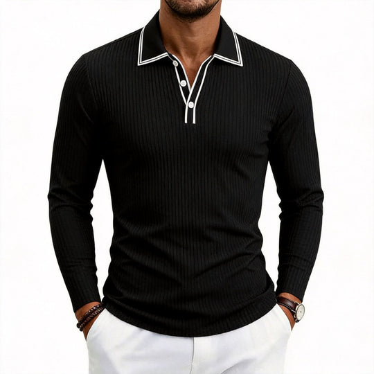 Herren fein geripptes Langarm-Poloshirt aus elastischer Merino-Mixqualität mit Kontrastkanten Shop Nory