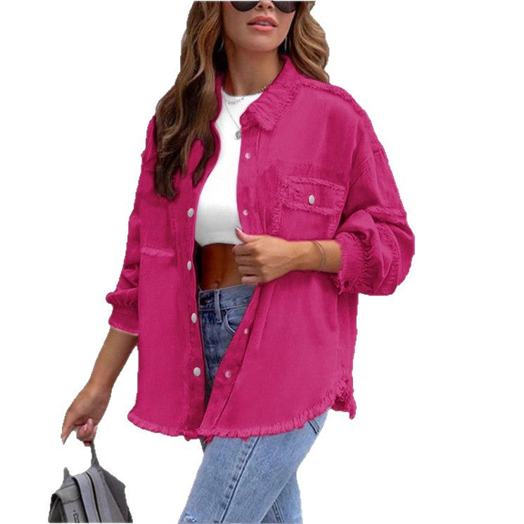 Damen Oversize-Denim-Utility-Hemdjacke mit ausgefransten Kanten und Pattentaschen Shop Nory