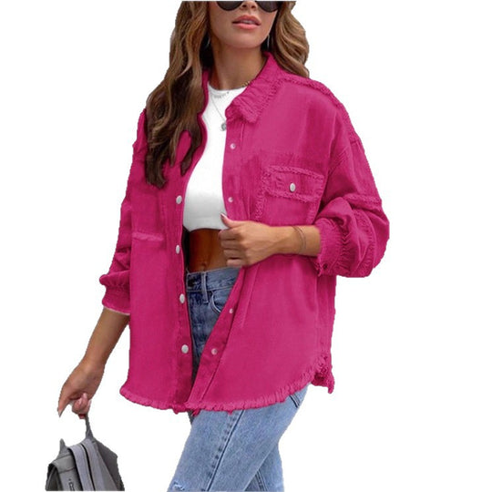 Damen Oversize-Denim-Utility-Hemdjacke mit ausgefransten Kanten und Pattentaschen Shop Nory