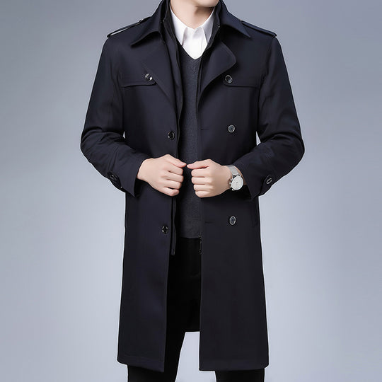 Herren knielanger Trenchcoat mit doppelreihiger Knopfleiste und Epauletten Shop Nory