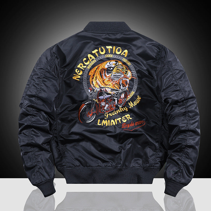 Herren bestickte Nylon-Flightjacke mit großflächigem Tiger- und Motorradmotiv Shop Nory