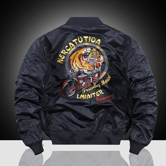 Herren bestickte Nylon-Flightjacke mit großflächigem Tiger- und Motorradmotiv Shop Nory