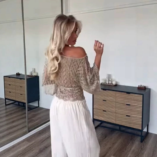 Damen Off-Shoulder Häkel-Strickbluse mit Tunnelzug und Volumenärmeln Shop Nory