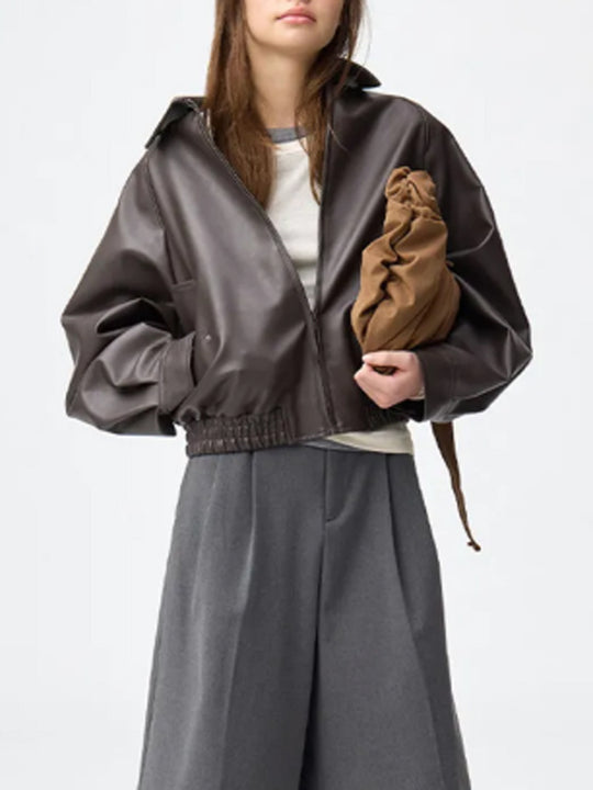 Damen Boxy-Cropped Kunstlederjacke mit verdecktem Reißverschluss und elastischem Saum Shop Nory