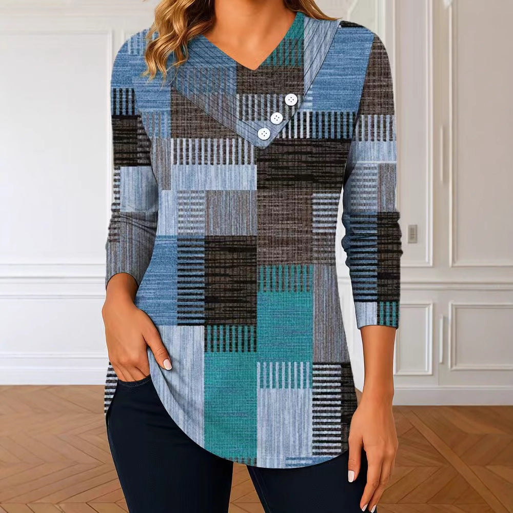 Damen Langarm-Tunika mit asymmetrischem V-Ausschnitt, Zierknopfleiste und kariertem Patchworkmuster Shop Nory