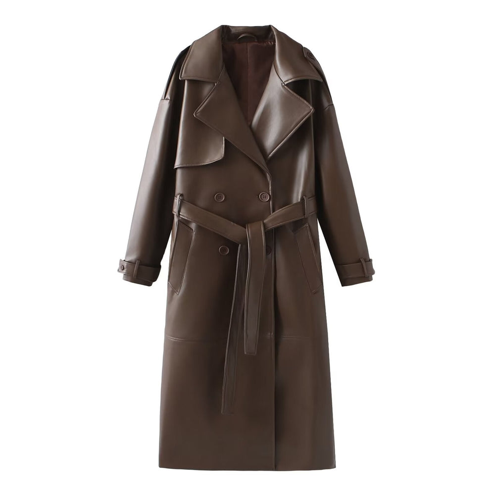 Damen Kunstleder-Trenchcoat mit modischem Schnitt und praktischen Taschen