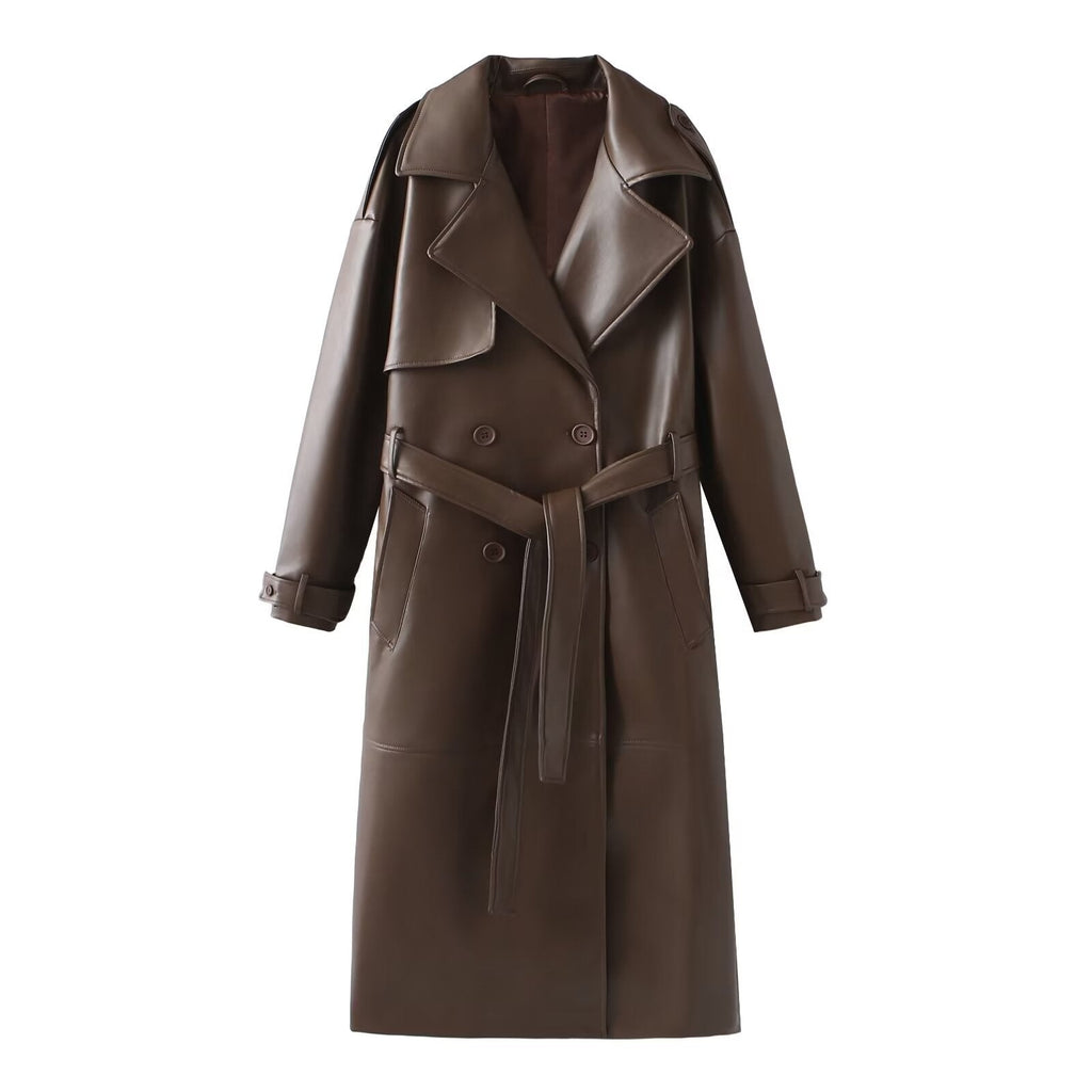 Damen Kunstleder-Trenchcoat mit modischem Schnitt und praktischen Taschen
