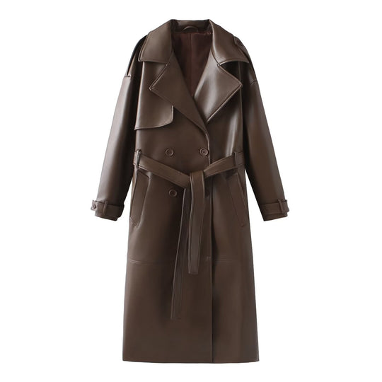 Damen Kunstleder-Trenchcoat mit modischem Schnitt und praktischen Taschen