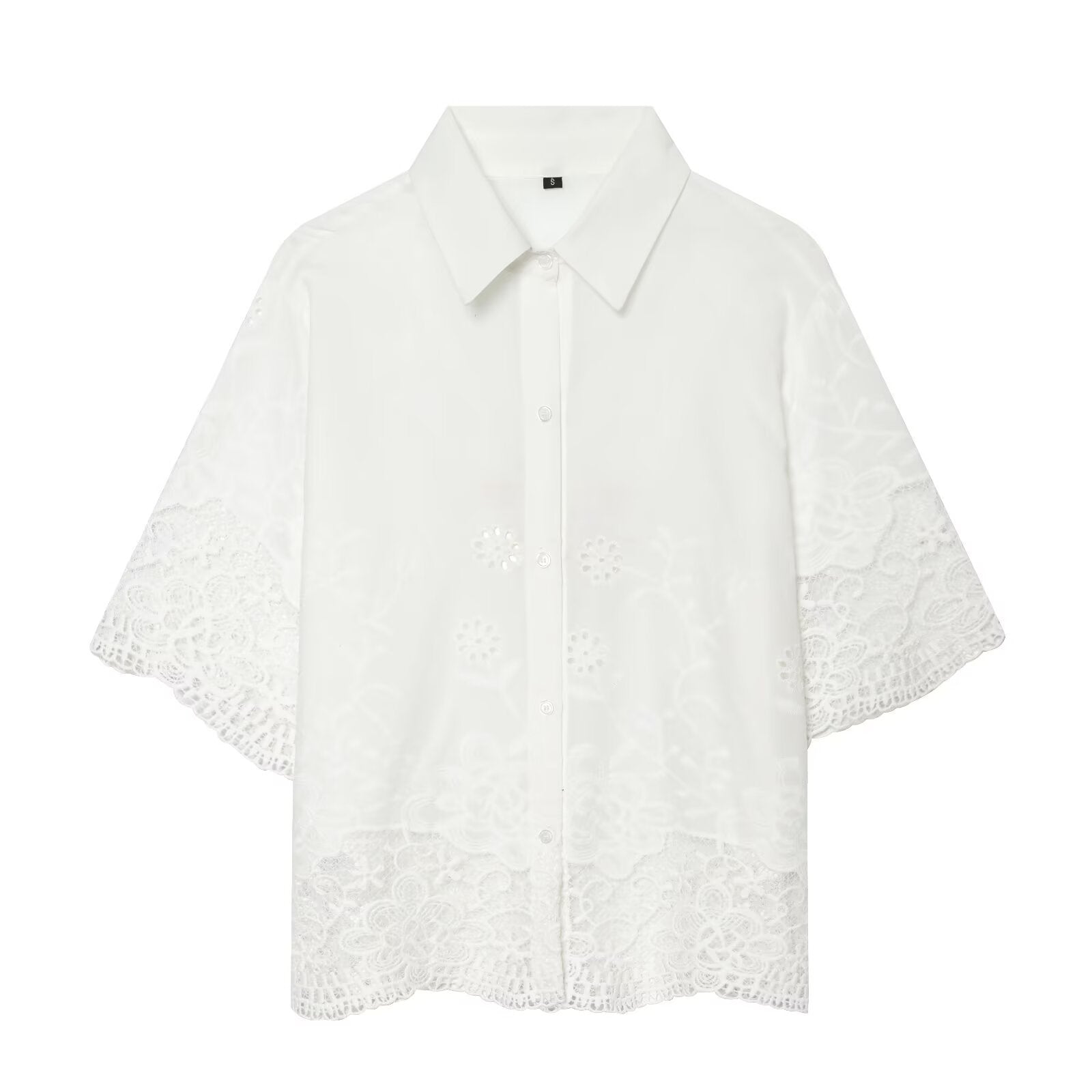 Damen Kurzarmbluse mit filigranem Spitzenbesatz Shopnory