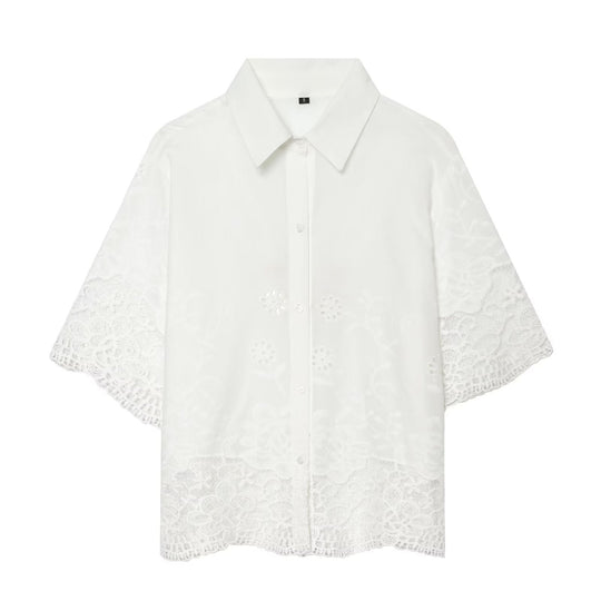 Damen Kurzarmbluse mit filigranem Spitzenbesatz Shopnory