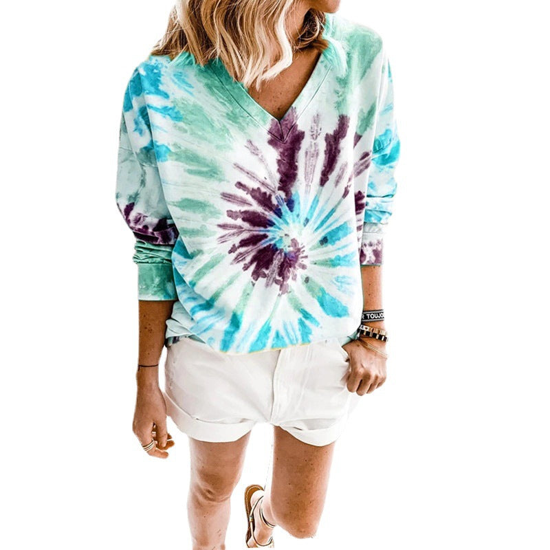 Damen Lässiges Batik-V‑Ausschnitt Sweatshirt mit lockerer Passform Shop Nory