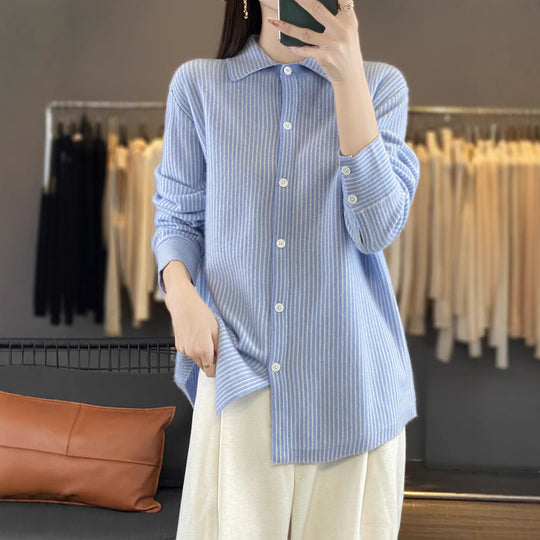 Damen Leichtes Feinstrick-Hemd mit Polokragen und feinen Längsstreifen Shop Nory