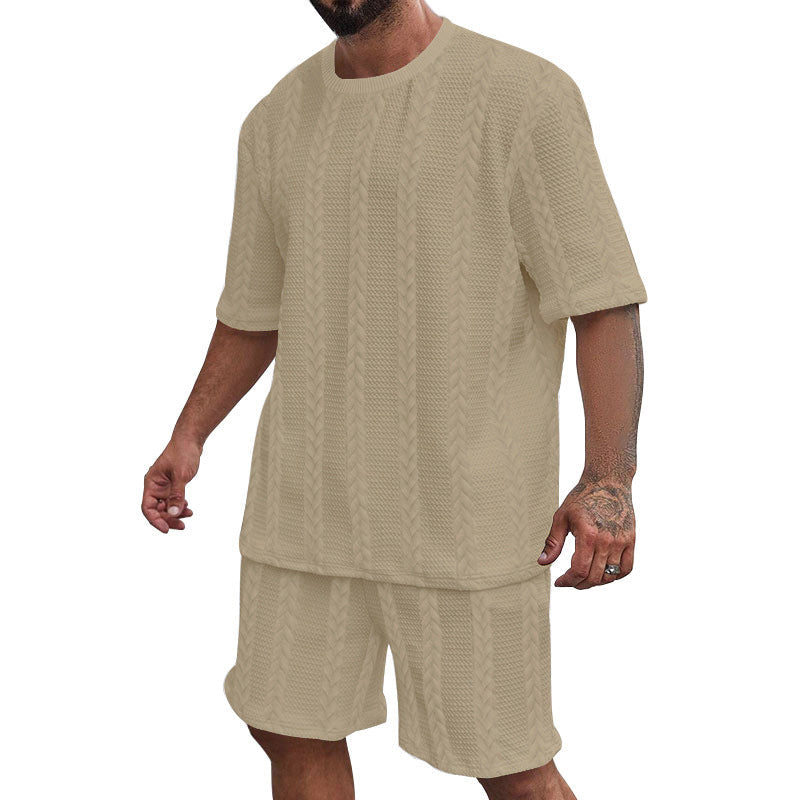 Herren nan entspanntes Zopfstrick-Freizeitset mit weitem Kurzarmshirt und elastischer Bermuda