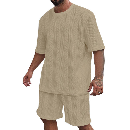 Herren nan entspanntes Zopfstrick-Freizeitset mit weitem Kurzarmshirt und elastischer Bermuda