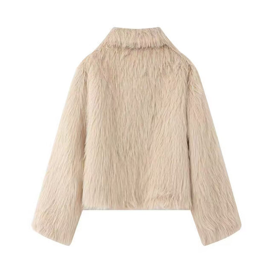 Damen Kurze Kunstfell-Croppedjacke mit voluminösem Schalkragen und Frontreißverschluss Shop Nory