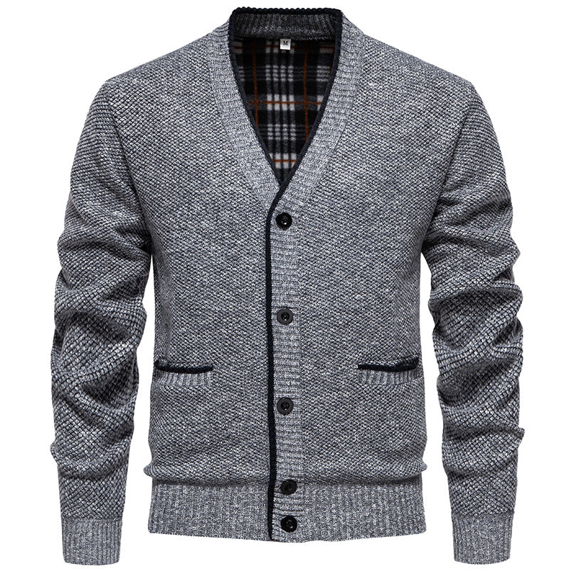 Herren Strukturierter V-Ausschnitt Strickcardigan mit kontrastierter Kante und kariertem Innenbesatz Shop Nory