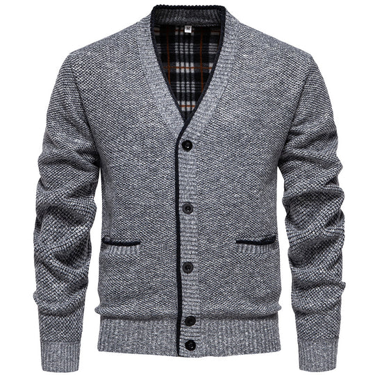 Herren Strukturierter V-Ausschnitt Strickcardigan mit kontrastierter Kante und kariertem Innenbesatz Shop Nory