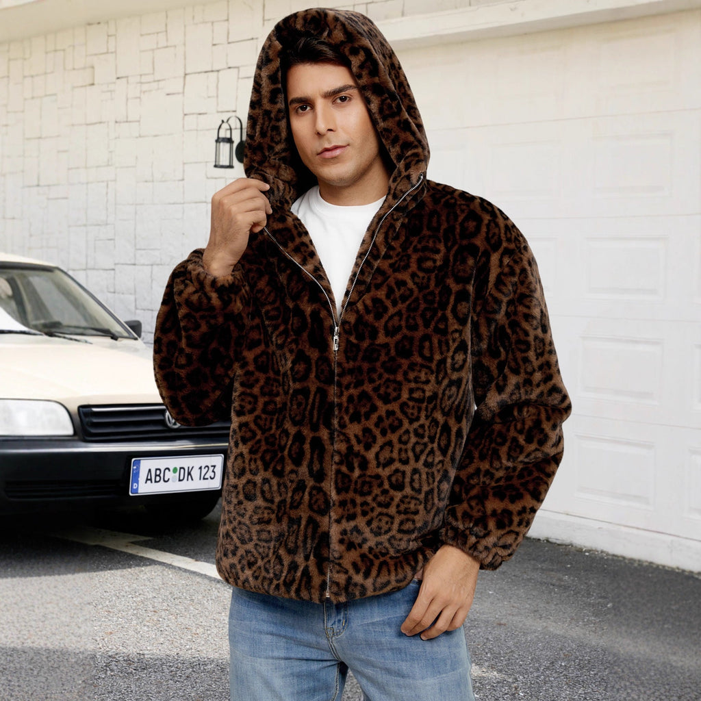 Herren Flauschige Kunstpelzjacke mit modischem Leopardenmuster