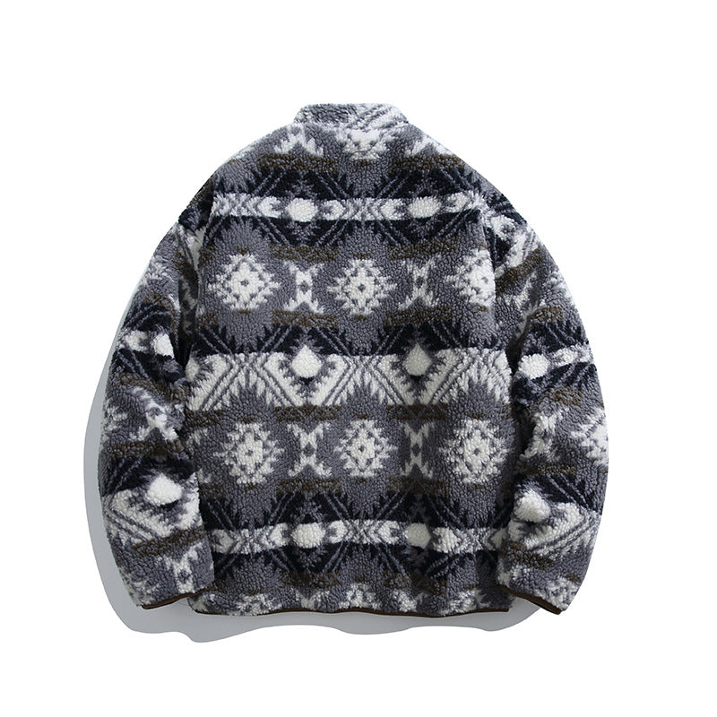 Unisex Teddy-Fleecejacke im Aztekenmuster mit Stehkragen und durchgehendem Reißverschluss Shop Nory