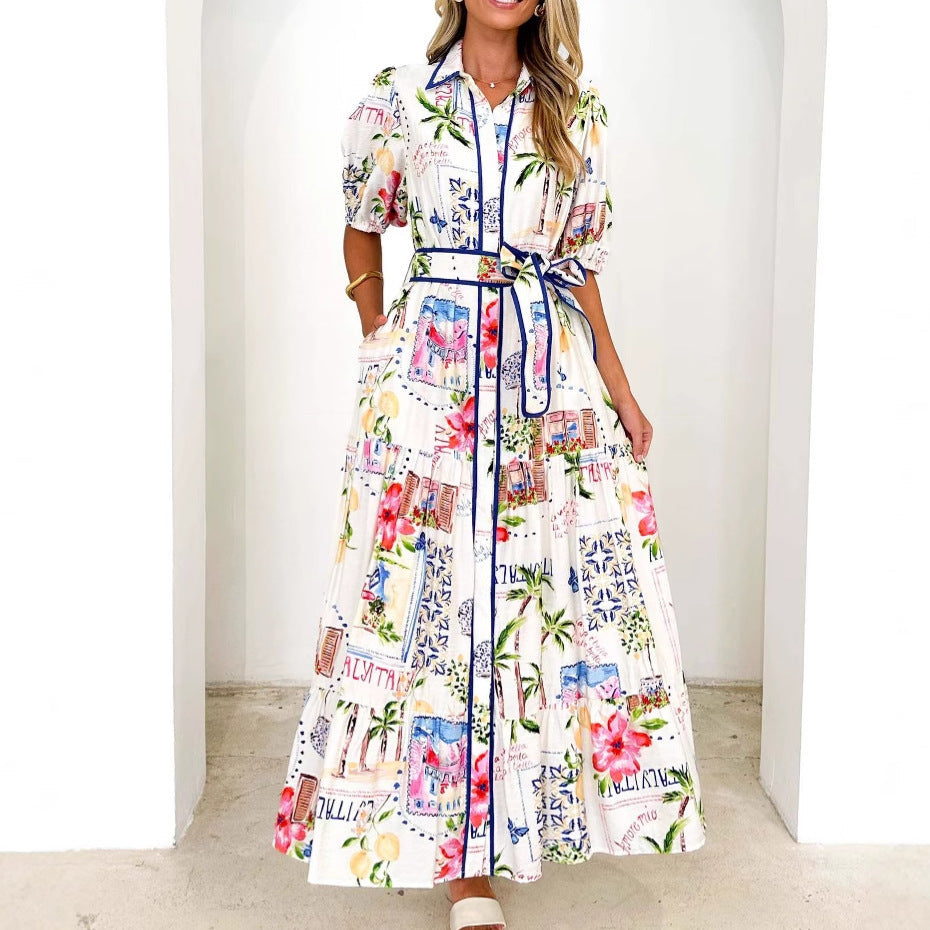 Damen Luftiges Maxikleid mit floralem Grafikdesign und praktischen Taschen Shopnory