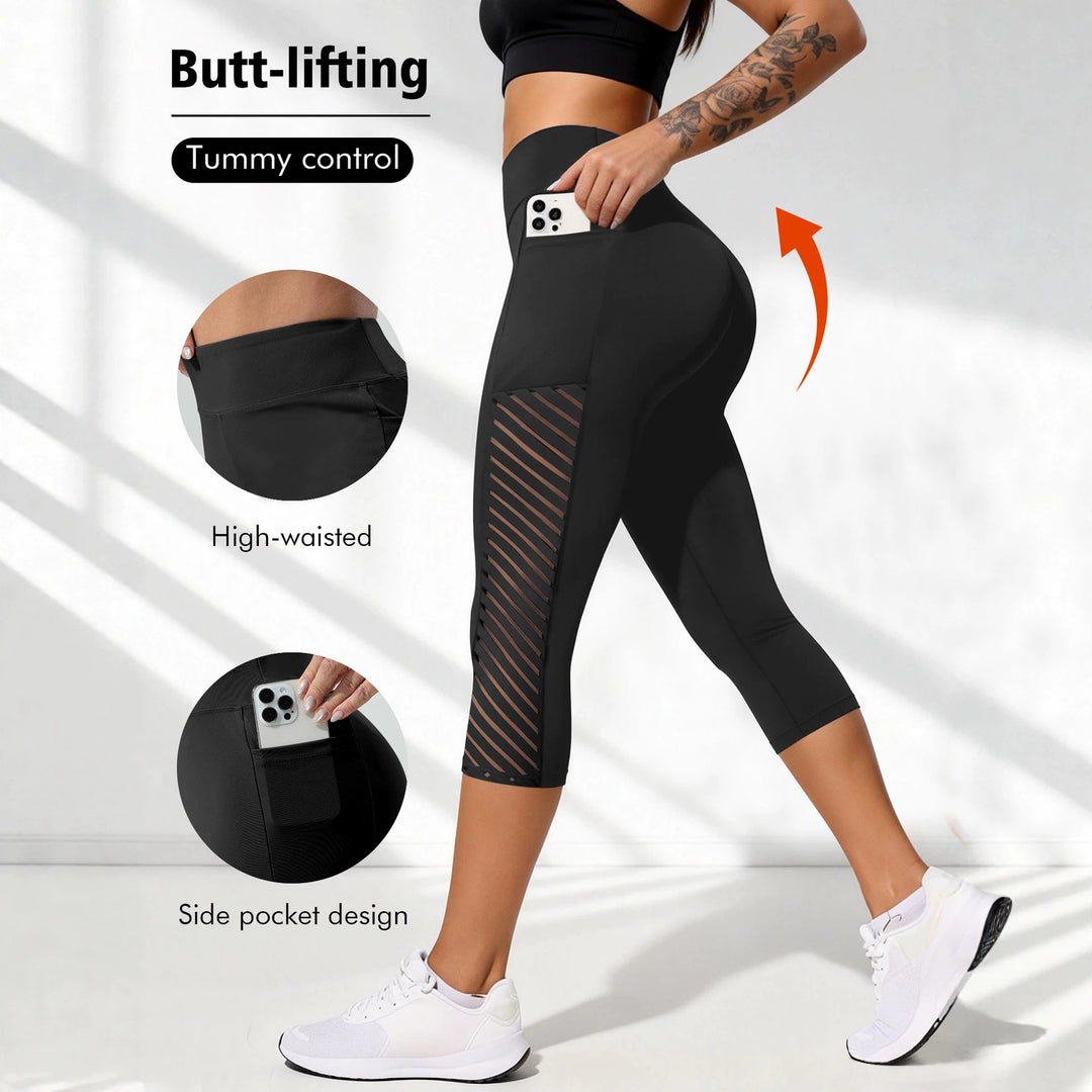 Damen Formende dreiviertel-Sportleggings mit hohem Bund, seitlichem Mesh-Einsatz und Handytasche Shopy Nory