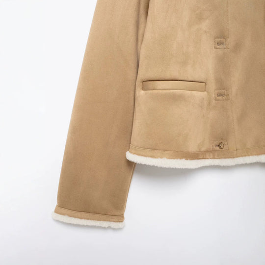 Damen Kurze Lammfelloptik-Cardiganjacke aus Veloursimitat mit Rundhals und Druckknöpfen Shop Nory