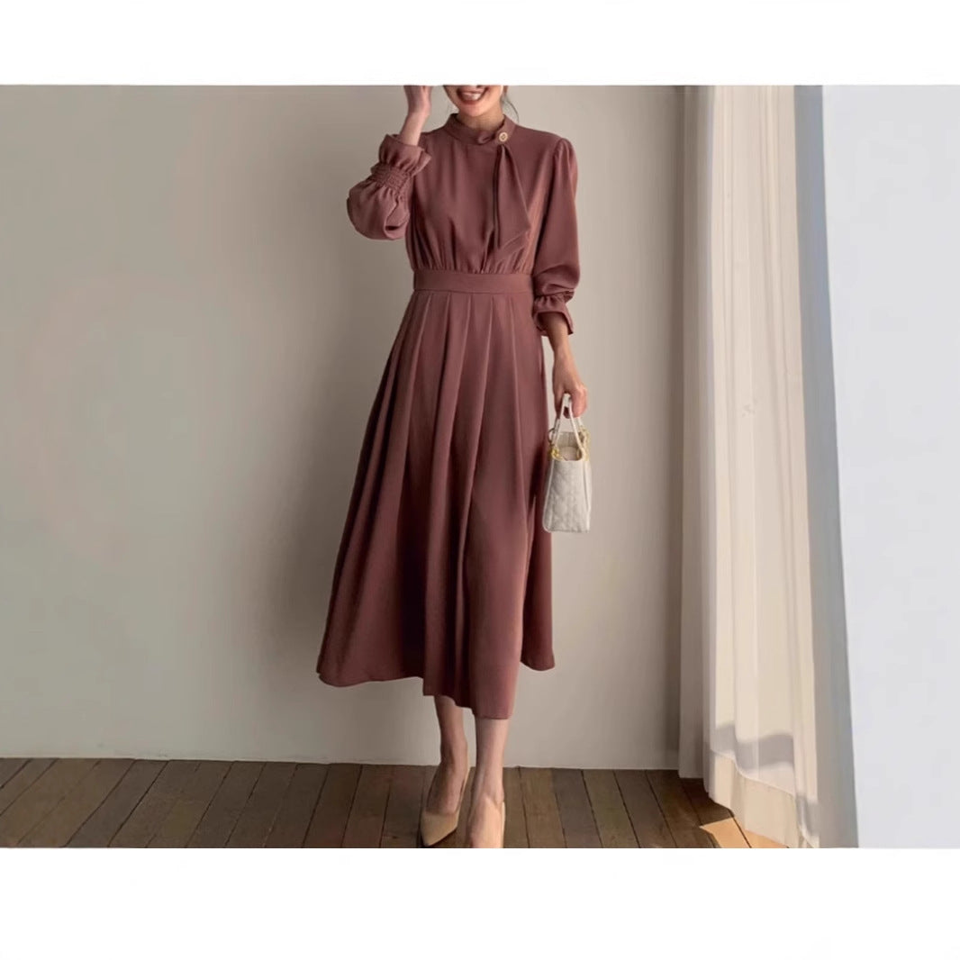 Damen Midikleid mit Stehkragen, Schleifenblende und geraffter Taille Shop Nory