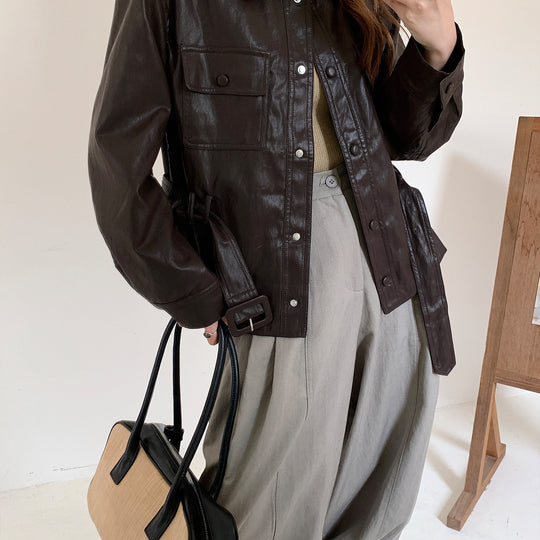 Damen Kurze Oversize-Lederjacke mit Taillenzug und Druckknopfleiste Shop Nory