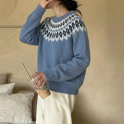 Damen Rundhals-Pullover mit Jacquard-Yoke und Relaxed-Fit Shop Nory