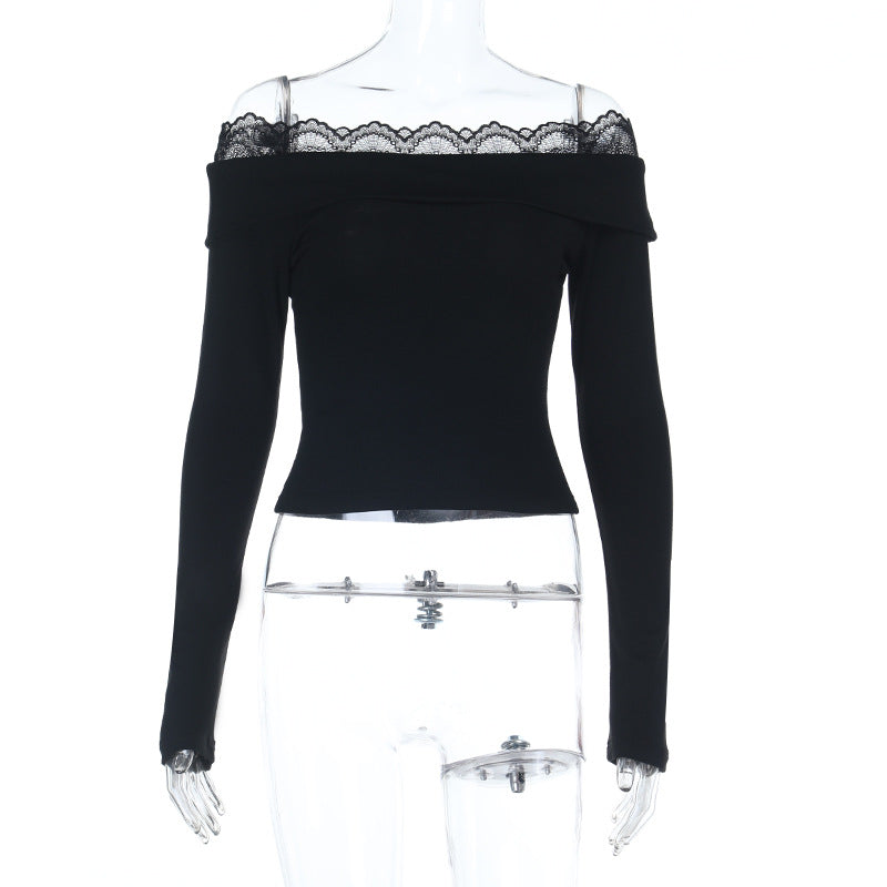 Damen Off-Shoulder Langarm-Top mit Spitzenbesatz und figurbetonter Silhouette Shop Nory