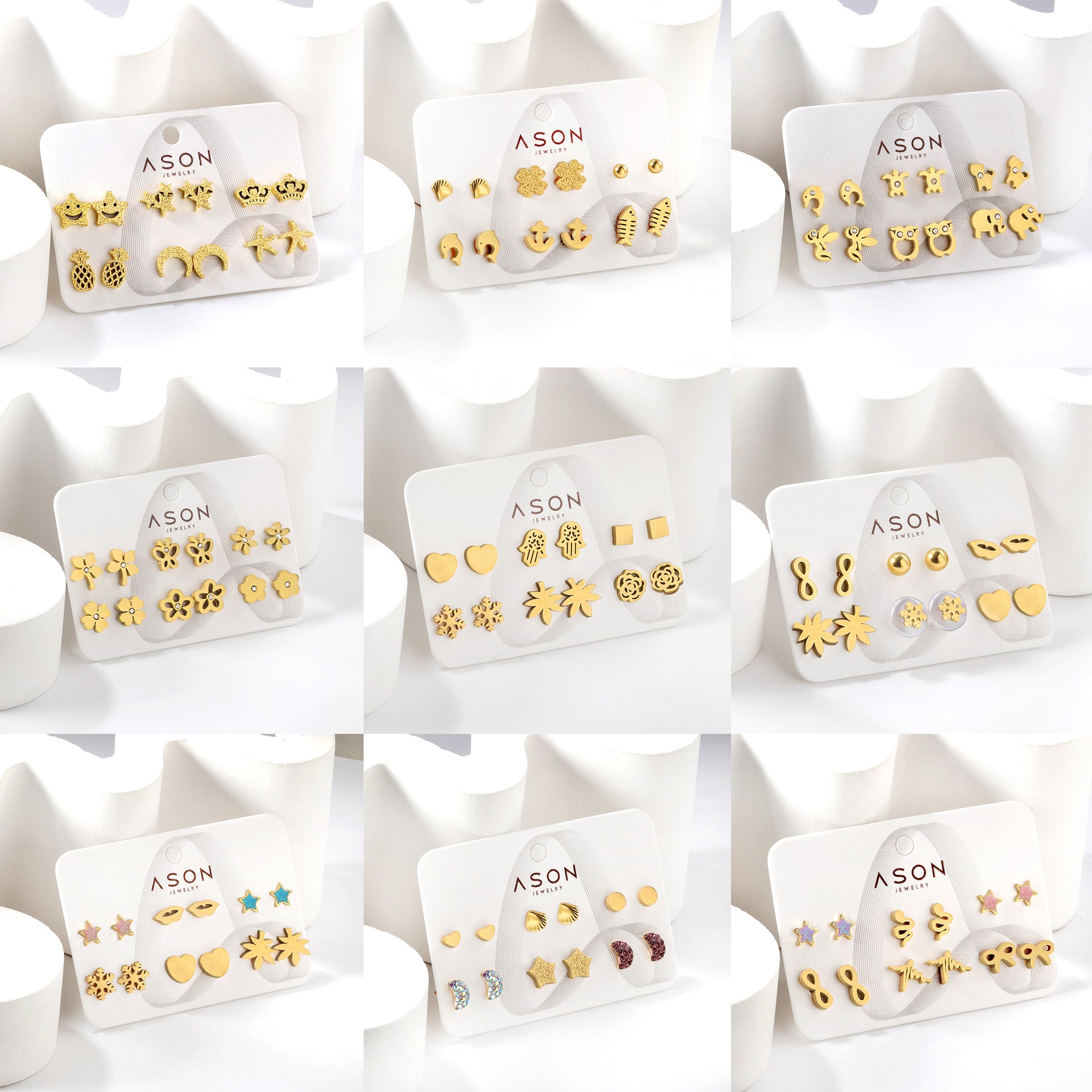 Damen Ohrstecker Set aus goldplattiertem Edelstahl mit verschiedenen Designs Shop Nory