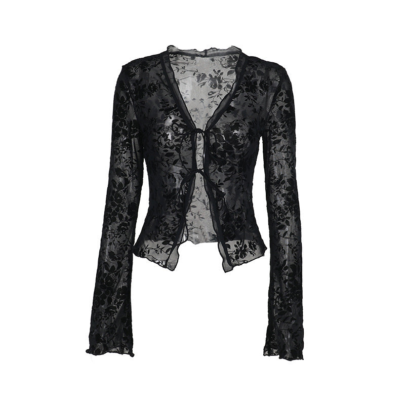 Damen Transparente Spitzenjacke mit floralen Mustern
