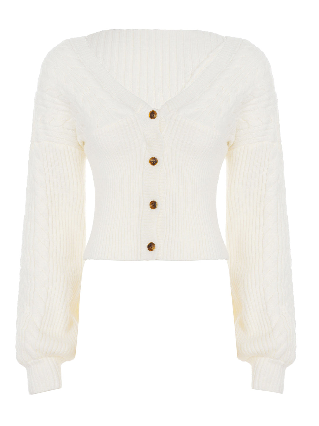 Damen nan taillierter Strickcardigan mit V-Ausschnitt, Zopfmusterärmeln und dekorativen Holzknöpfen Shop Nory