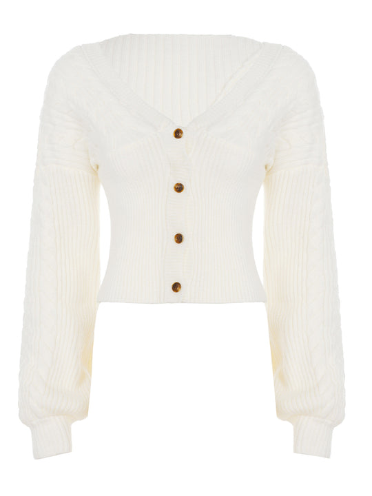 Damen nan taillierter Strickcardigan mit V-Ausschnitt, Zopfmusterärmeln und dekorativen Holzknöpfen Shop Nory
