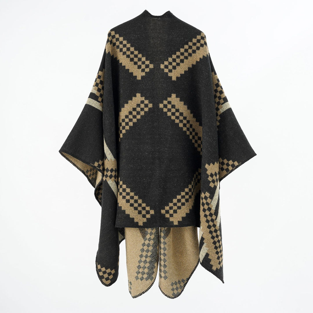 Damen Oversize-Umhangponcho aus Wollmix mit geometrischem Jacquard und Ziernaht Shop Nory