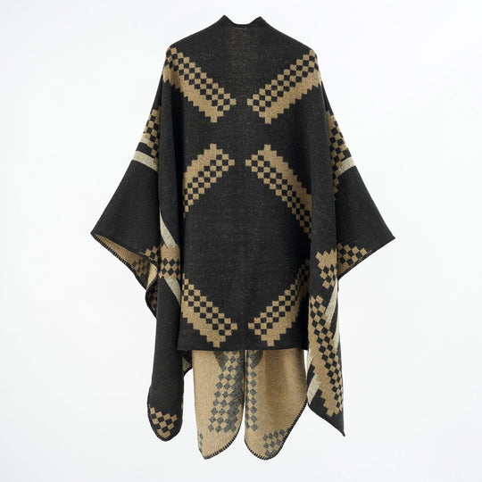 Damen Oversize-Umhangponcho aus Wollmix mit geometrischem Jacquard und Ziernaht Shop Nory