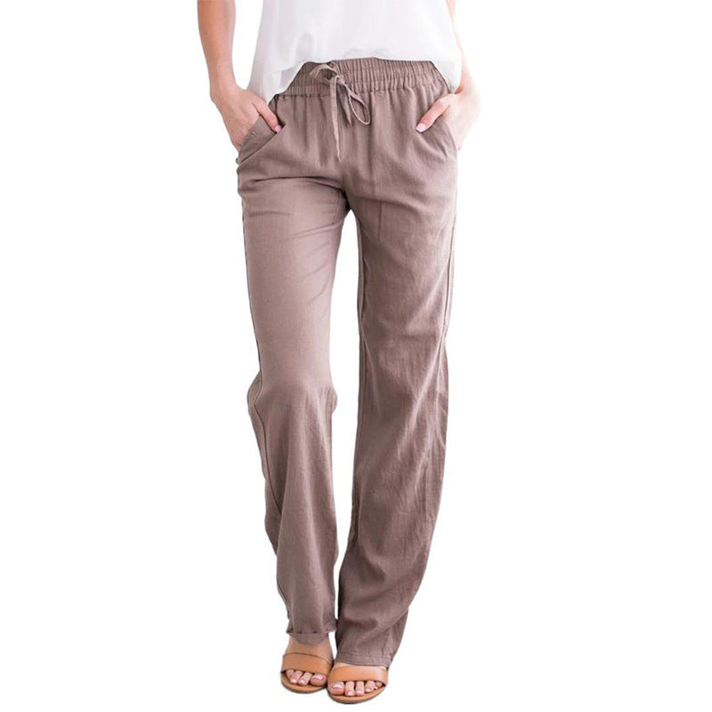 Damen Leichte Leinenoptik Palazzo-Hose mit Gummibund, Tunnelzug und Eingrifftaschen Shop Nory