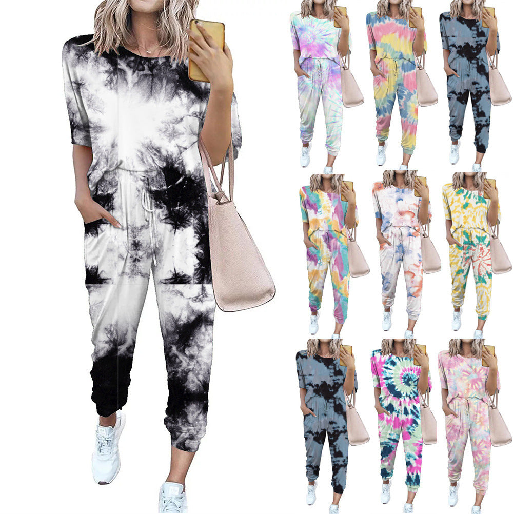 Damen lässiger Jumpsuit mit modischem Batikdesign und praktischen Taschen Shopnory