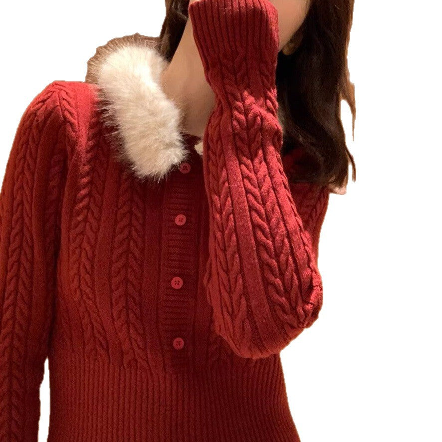 Damen Eleganter Strickpullover mit Kunstfellkragen Shop Nory