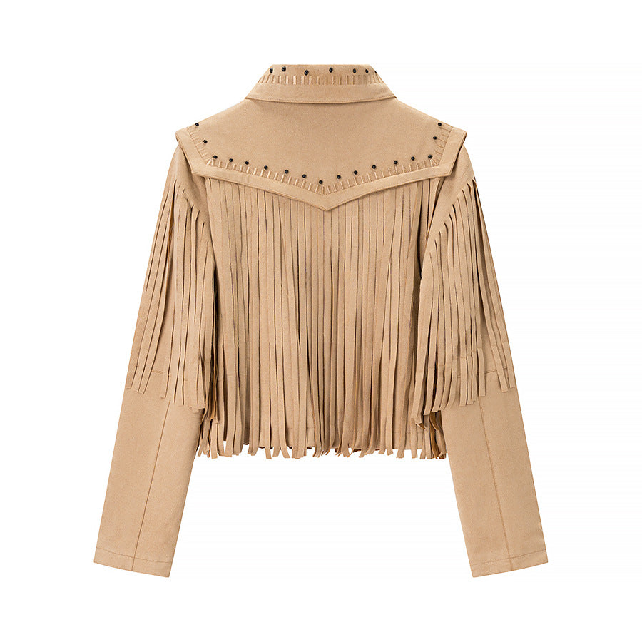 Damen Kurze Fransenjacke aus Wildlederoptik mit Reißverschluss und Nietenbesatz Shop Nory