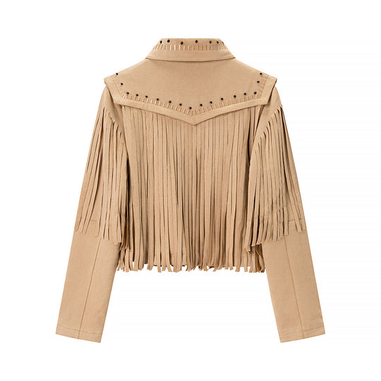 Damen Kurze Fransenjacke aus Wildlederoptik mit Reißverschluss und Nietenbesatz Shop Nory
